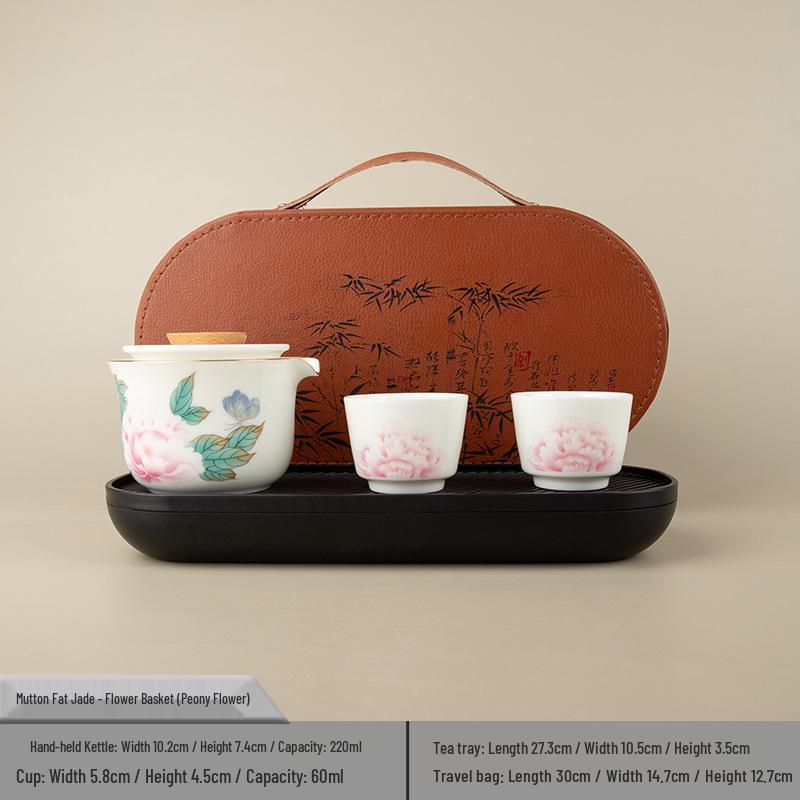 Sheep Fat Jade Portable Ceramic Tea Set - One Pot, Two Cups, Travel-Friendly Souvenir.
