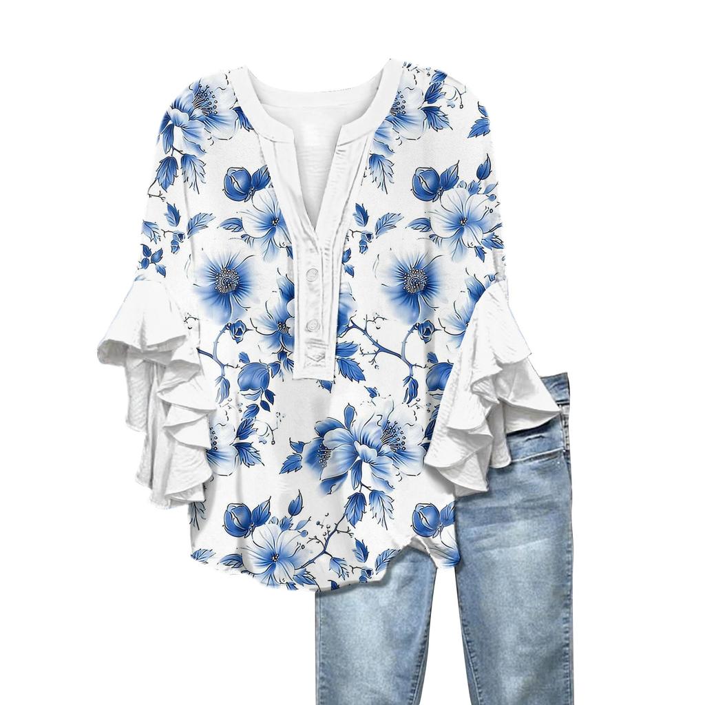 Summer Women's Tops V-Neck Seven Sleeve Shirt Spring Summer Floral Printed Tops Casual Shirt