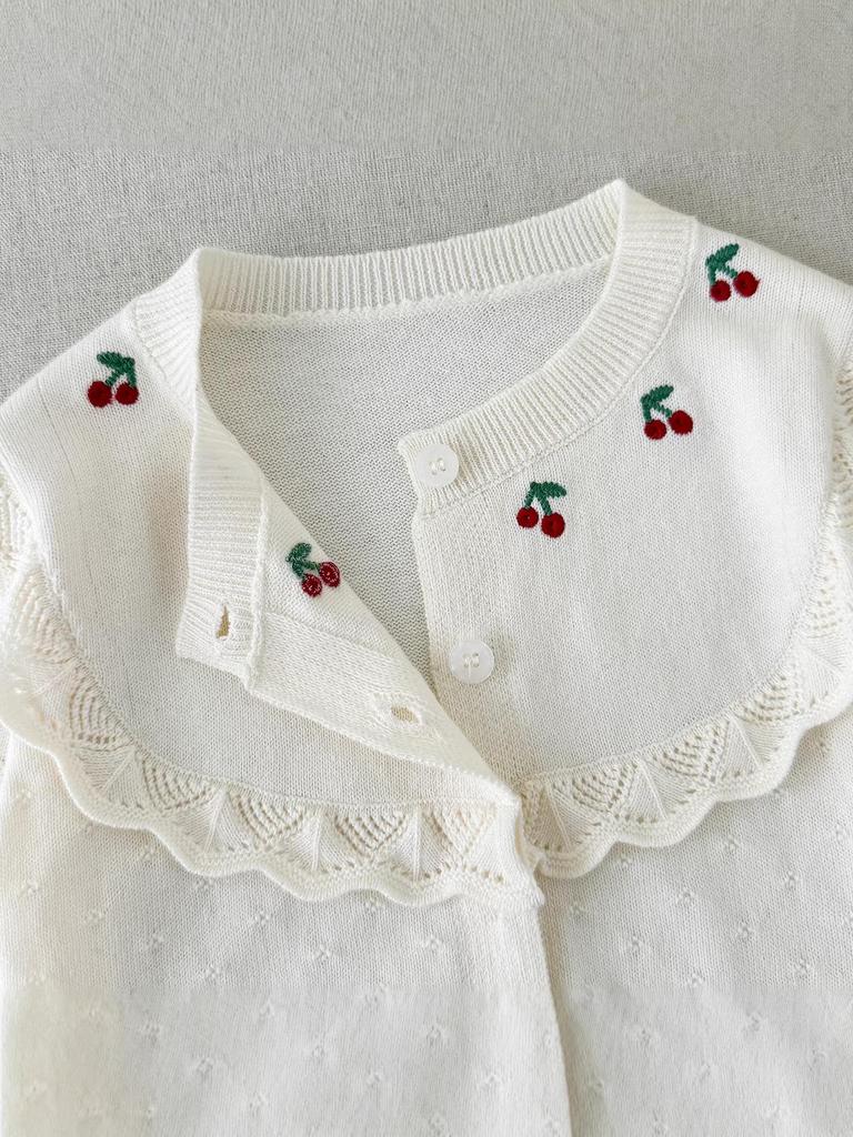 Baby Girl Cotton Cardigan with Cherry Embroidery - Spring/Summer Lace Knitwear
