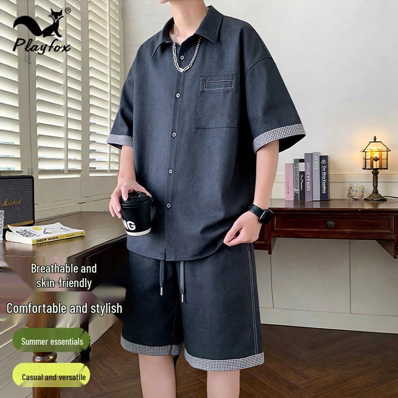 PLAYFOX Men s Plaid Summer Shirt and Shorts Set 3XL