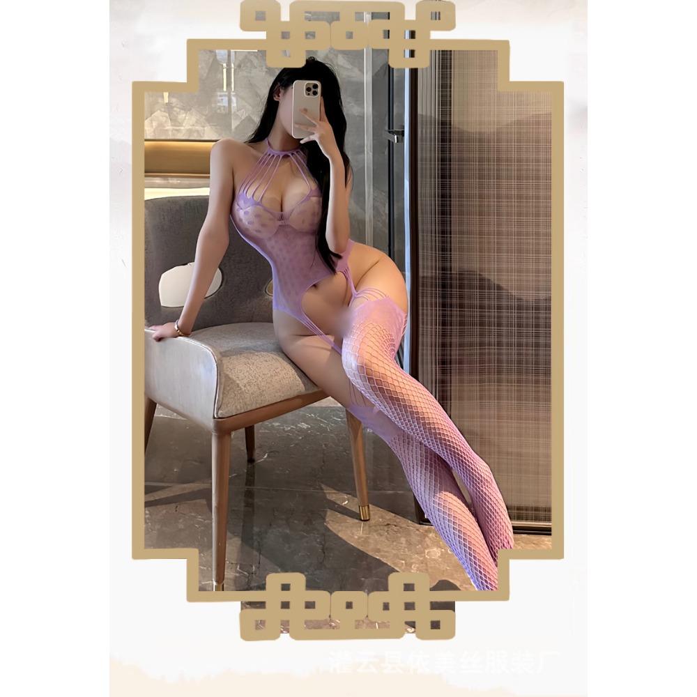 Man Wants Sexy Purple Fishnet Socks Perspective Seduction Women's One-piece Net Socks Pure Desire Large Size Stockings Hot Net Clothes W04