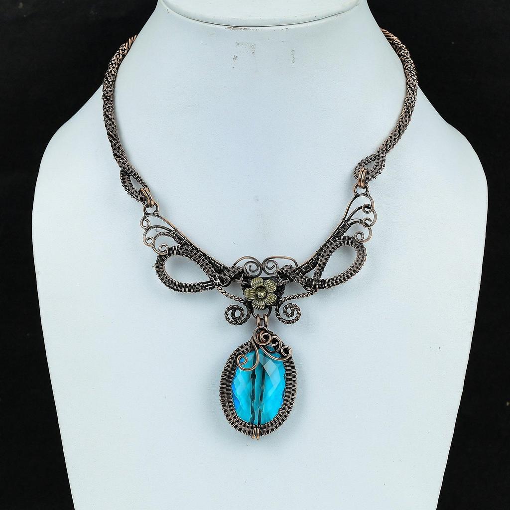 Blue Topaz Necklace, 999 Copper Wire Wrapped Jewelry, Gemstone Jewelry Adjustable Chain Necklace, Handmade Wedding Gift Jewelry