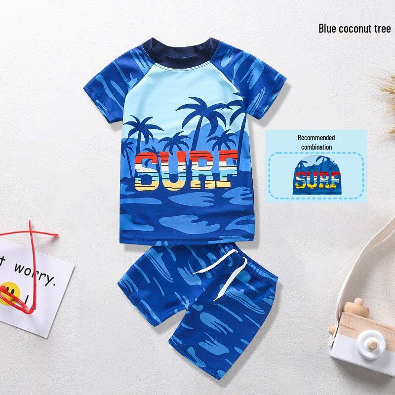 Chłopięcy Kreskówkowy Zestaw Kąpielowy z Krótkim Rękawem z Czepkiem i Kąpielówkami (Lato 2024)