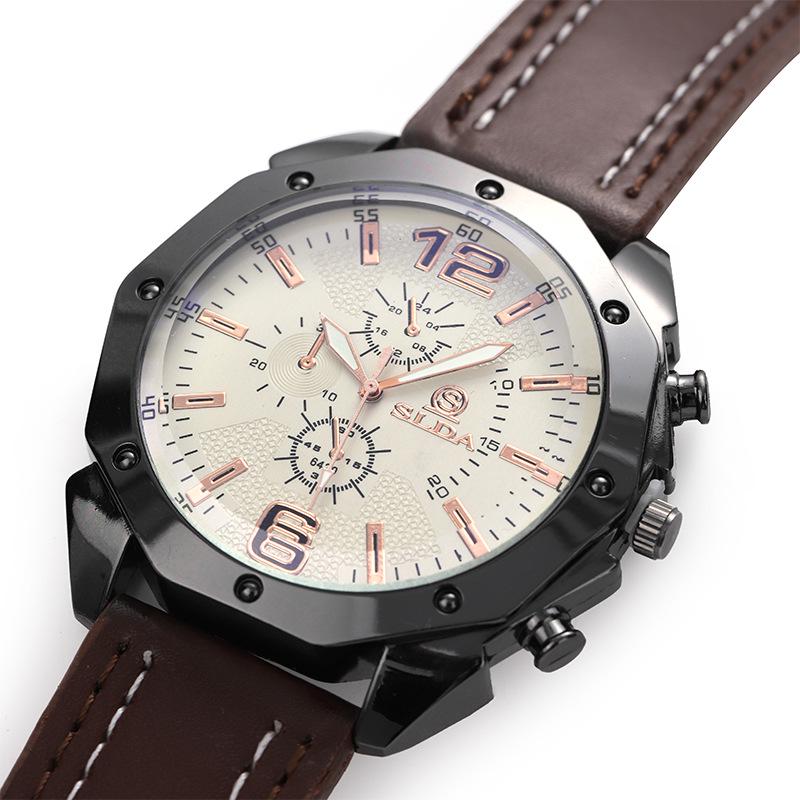 Men's Korean Style Casual Leather Strap Quartz Watch with Big Dial and Unique Design