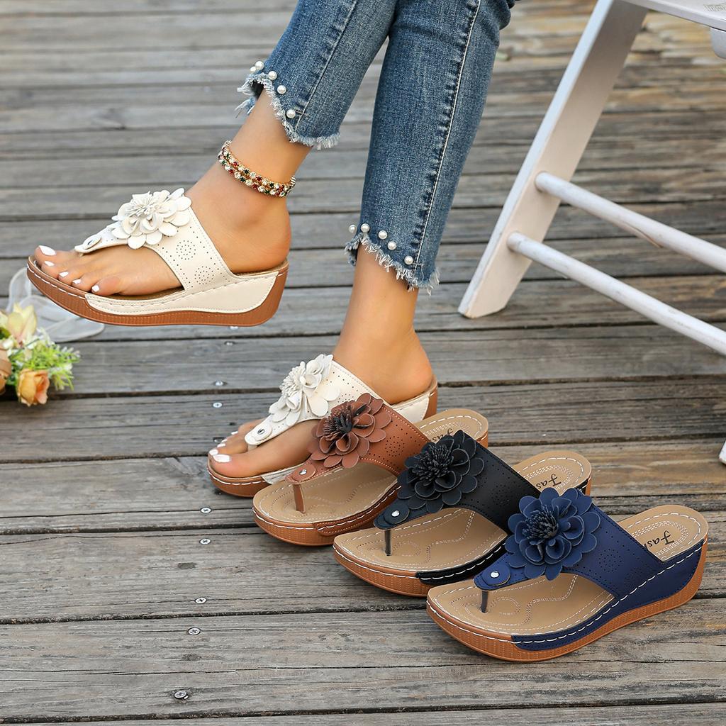 Large Size Slippers Women's Popular Wedge Sandals Flower One-character Cool Slippers Outer Wear