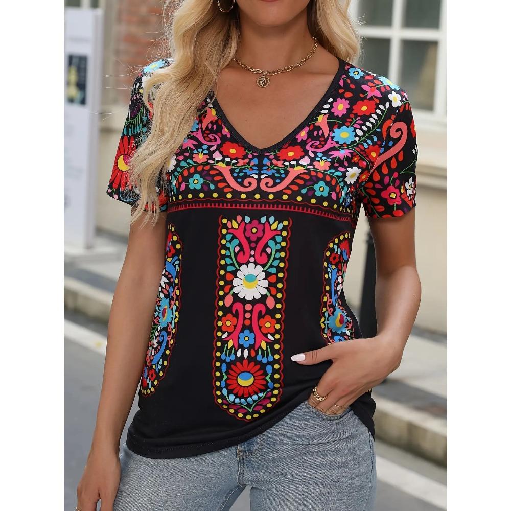 

2025 Найпопулярніша літня жіноча футболка на Amazon в Європі та Америці, Богемна футболка з принтом, V-подібним вирізом та короткими рукавами для жінок 5XL