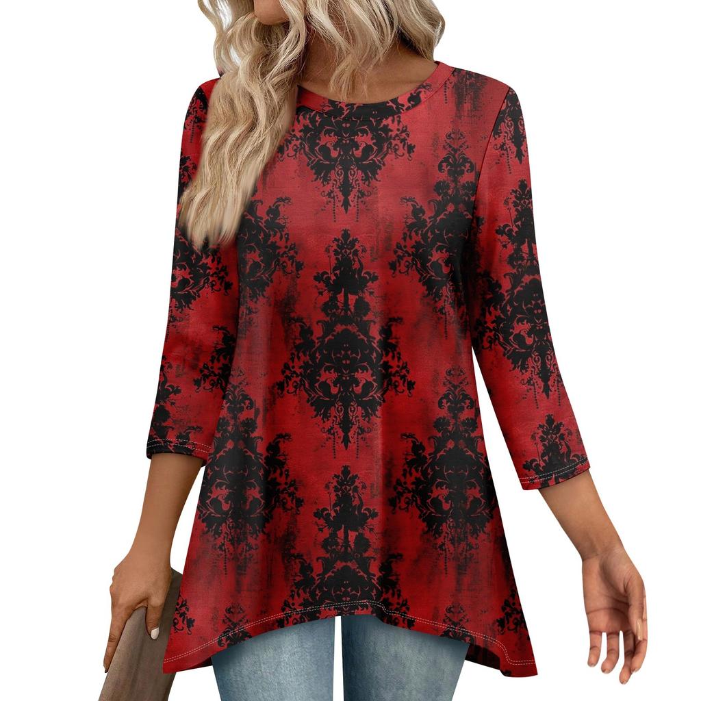 Tunic Tops For Women Loose Fit Prints Tops 3/4 Length Sleeve Womens Tops With Asymmetrical Hem
