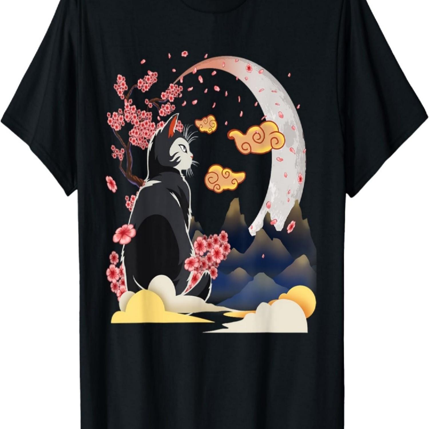 Kawaii Cat Under Moon Cherry Blossoms  Art Anime T-Shirt S