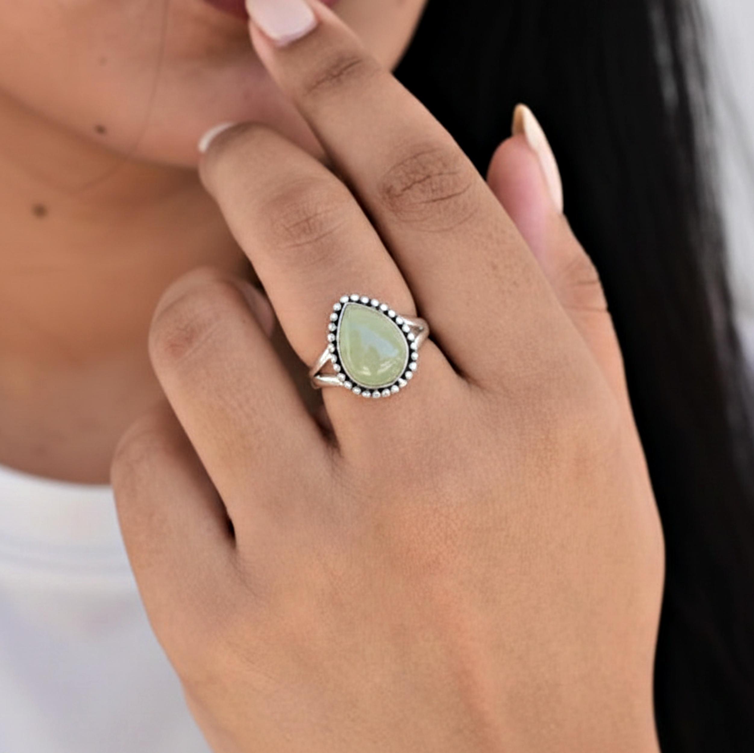 

Green Prehnite Pear Cut Statement Ring, 925 Sterling Silver, Handcrafted Bohemian Ring for Women 12