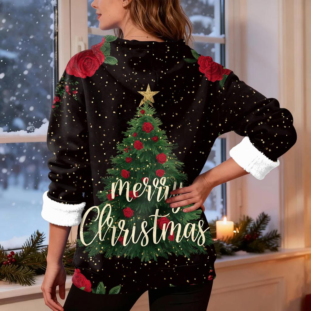 Women's Casual Fashion Plus Velvet Thickened Christmas Print Hooded Sweatshirt