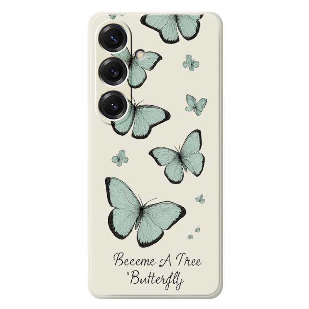 

For Samsung Galaxy S25 Case Green Butterfly Pattern Printing Straight Edge TPU Phone Back Cover Beige