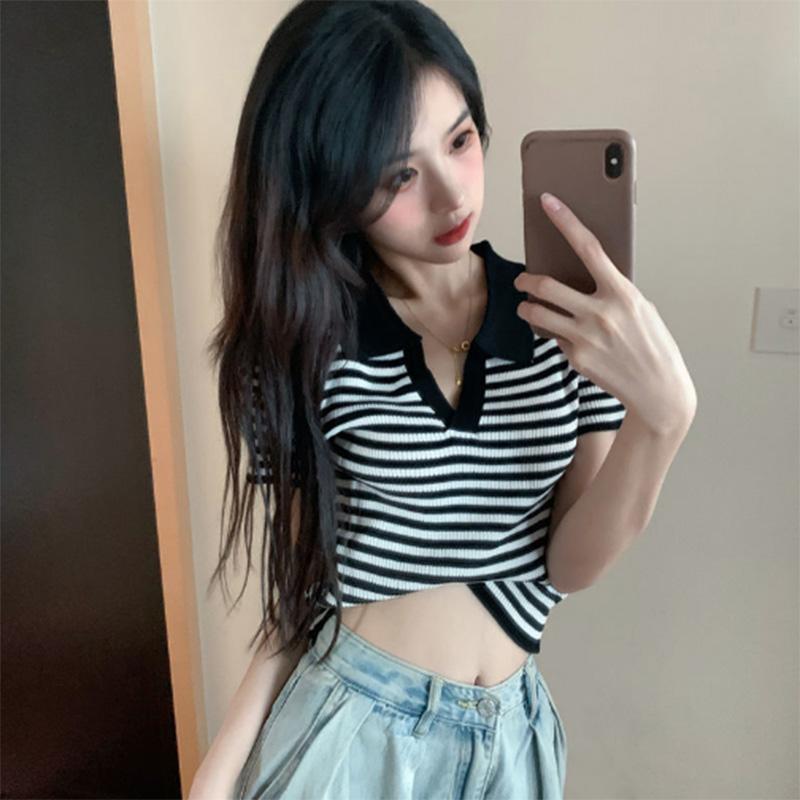 Striped T-shirt Women's Summer Thin Polo Collar Short-sleeved Short High-waisted Navel Design Niche Knitted Top