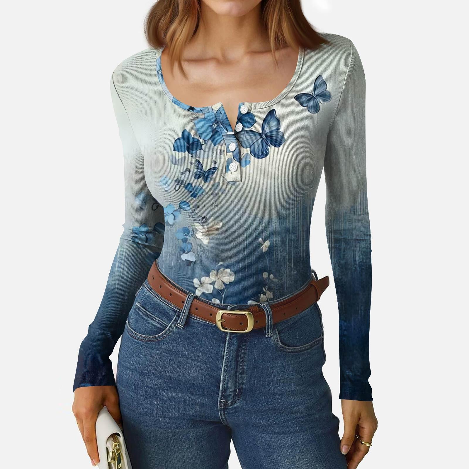 

Женская приталенная футболка Модная повседневная с градиентным принтом Пуловер с круглым вырезом и длинным рукавом L синий