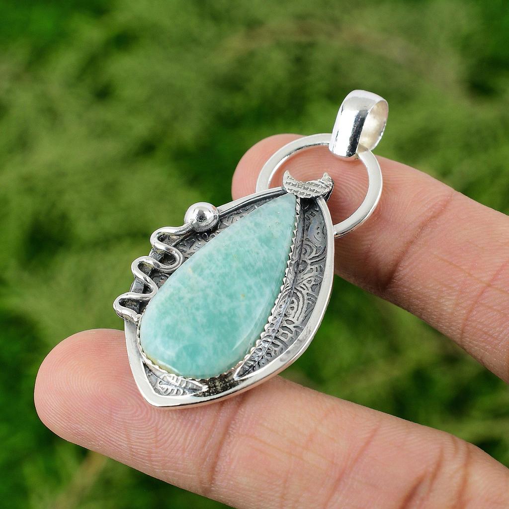 Daughters Day Sale Pear Amazonite Gemstone Sterling Silver Heart Chakra Pendant