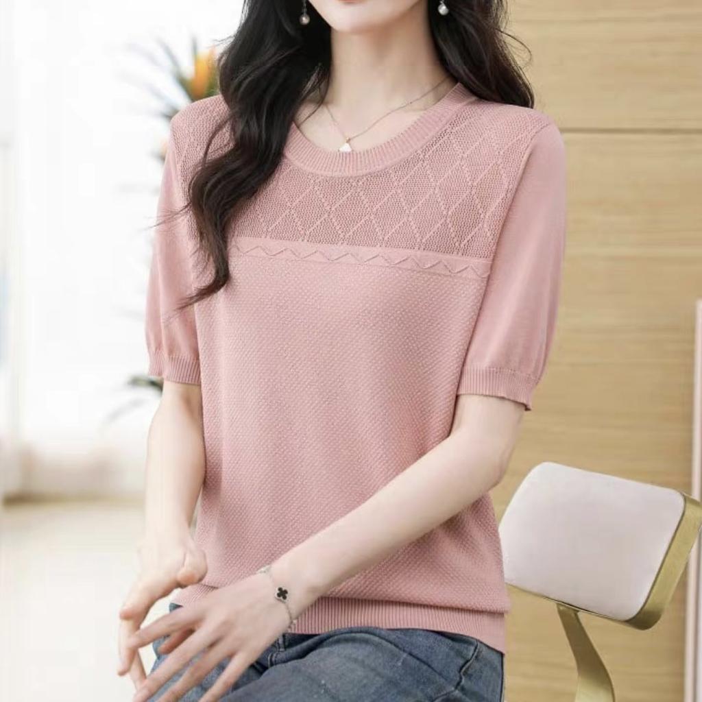 Summer Solid Color Hollow Out Casual T-shirt T-shirt Women's Clothing All-match Female Half Sleeve Pullovers Tops