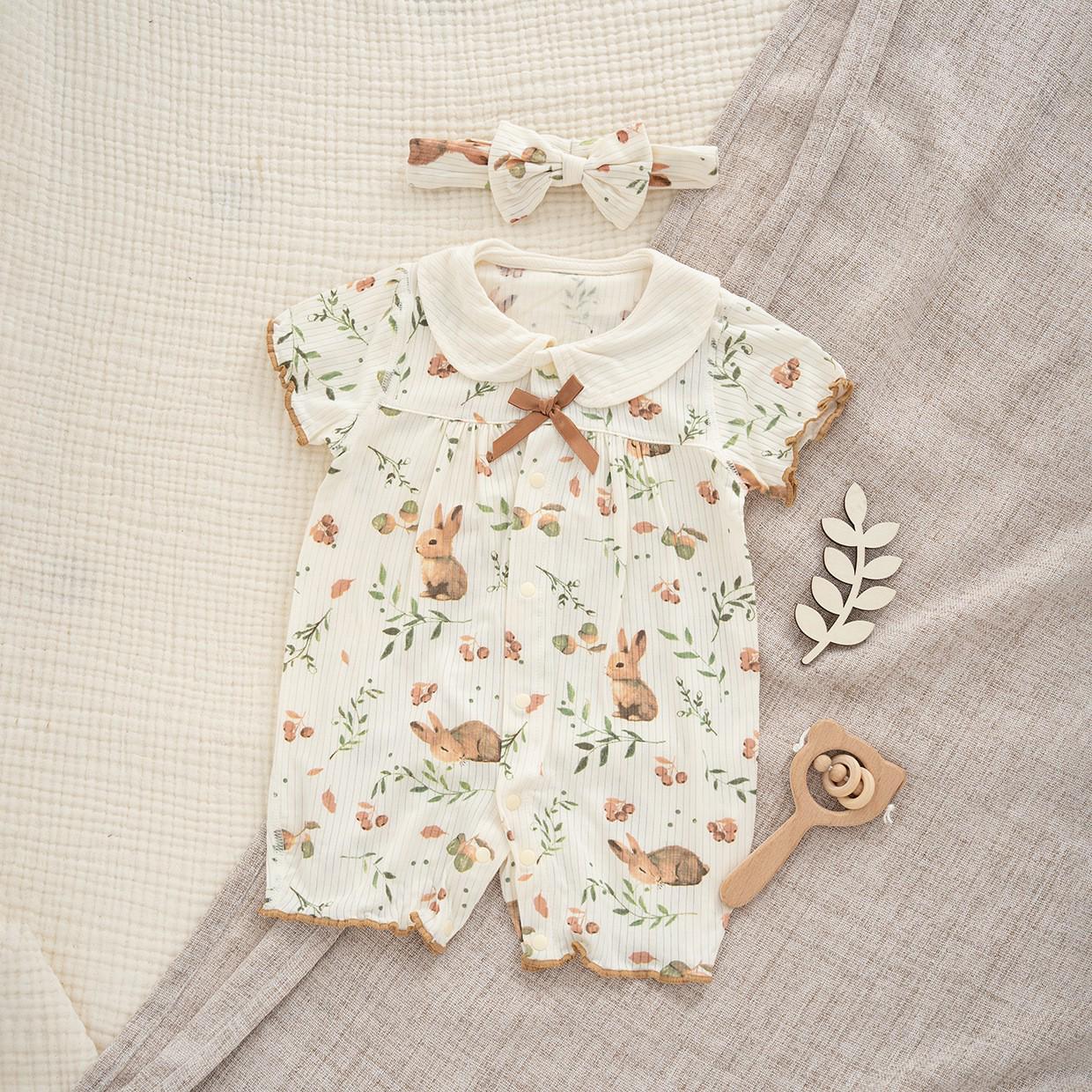 Baby Girl Modal Short Sleeve Romper with Doll Collar Pajamas 66cm