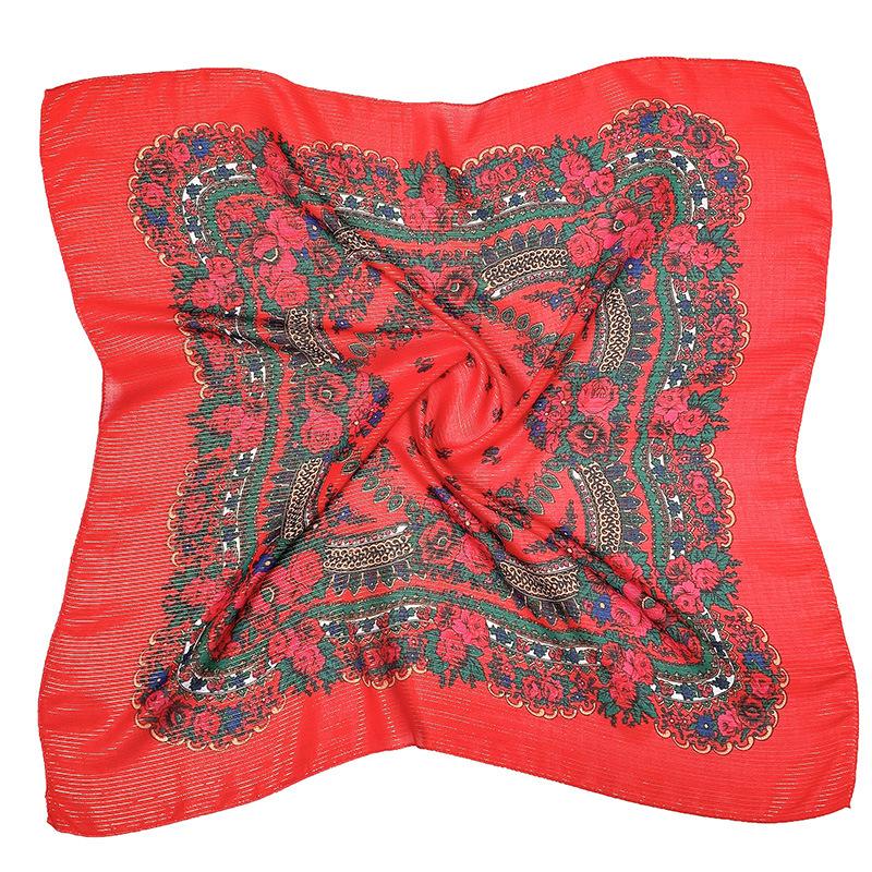 85Cm Gold Yarn Square Russian Scarf Women Floral Printed Shawl Female Bandana Head Wrap Headband Scarves Handkerchief