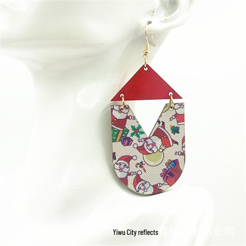 Red Hollow Spliced Creative Christmas Leather Dangle Earrings