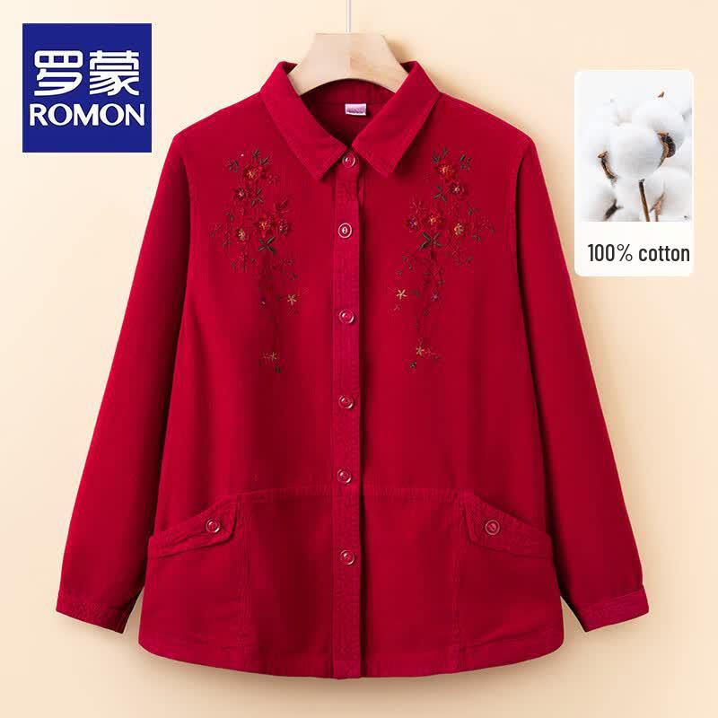 Romon Women s Pure Cotton Embroidered Long-Sleeve Shirt 2XL