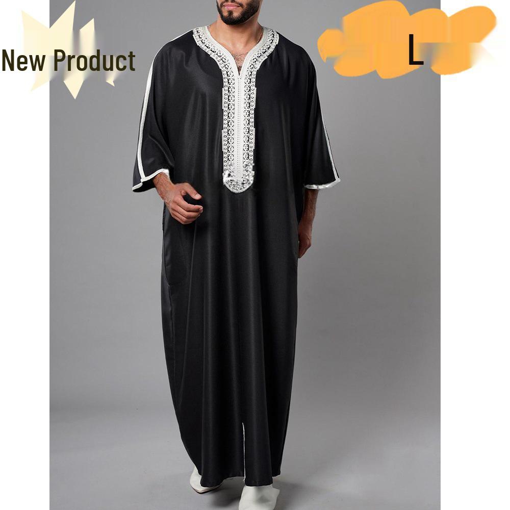 2024 Men's Embroidered Short Sleeve Robe, Middle Eastern & Malaysian Style