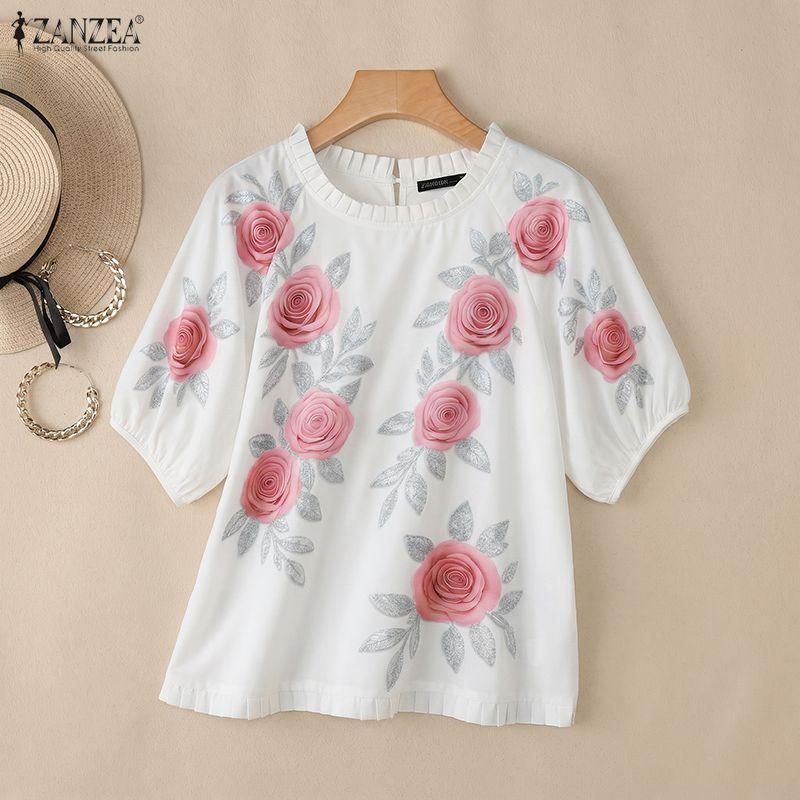 ZANZEA Women Floral Print Casual Round Neck Loose Short Sleeve Blouse