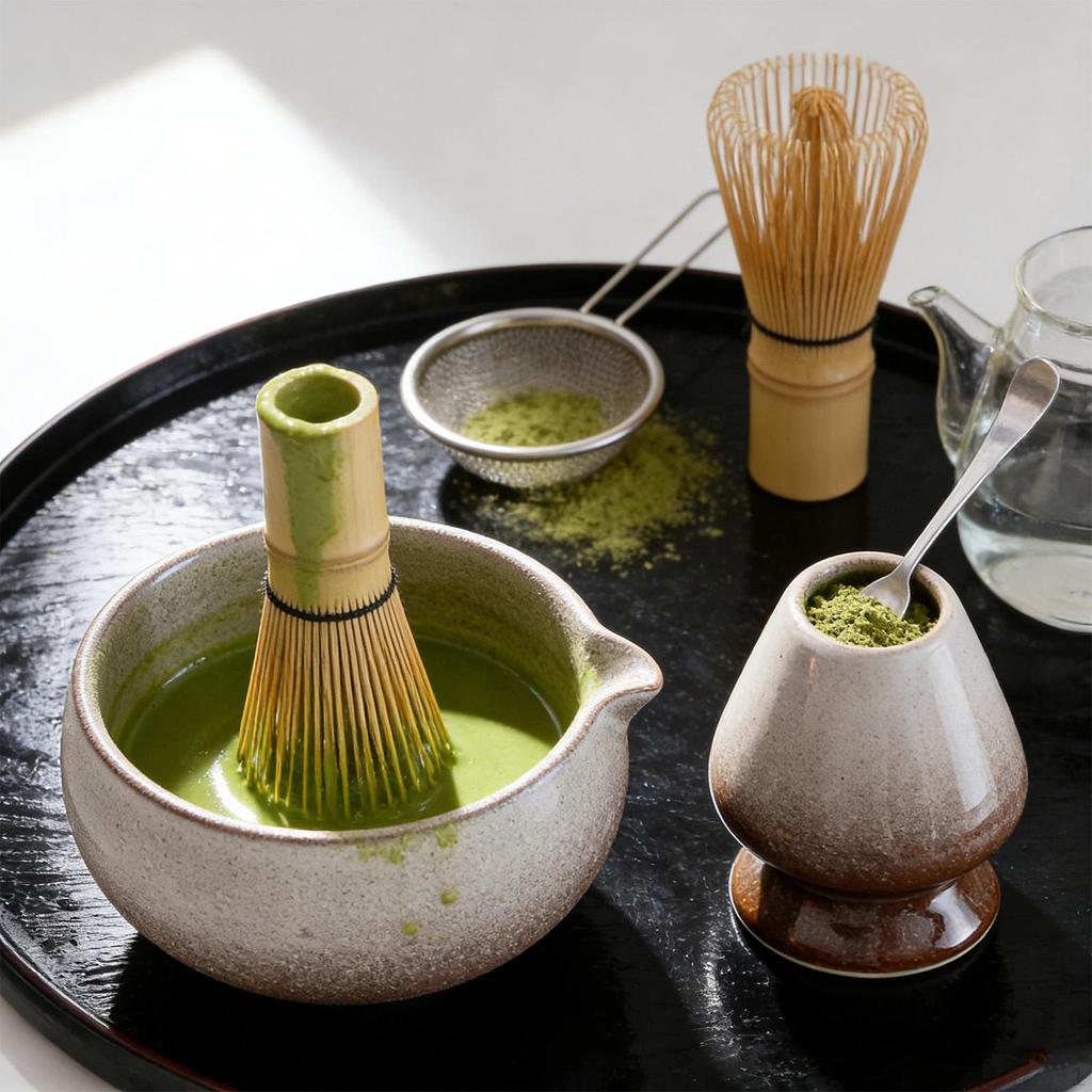 Ceramic Matcha Bowl with Whisk Holder Green Tea Cup Gift 500ml Pouring Spout Chawan for
