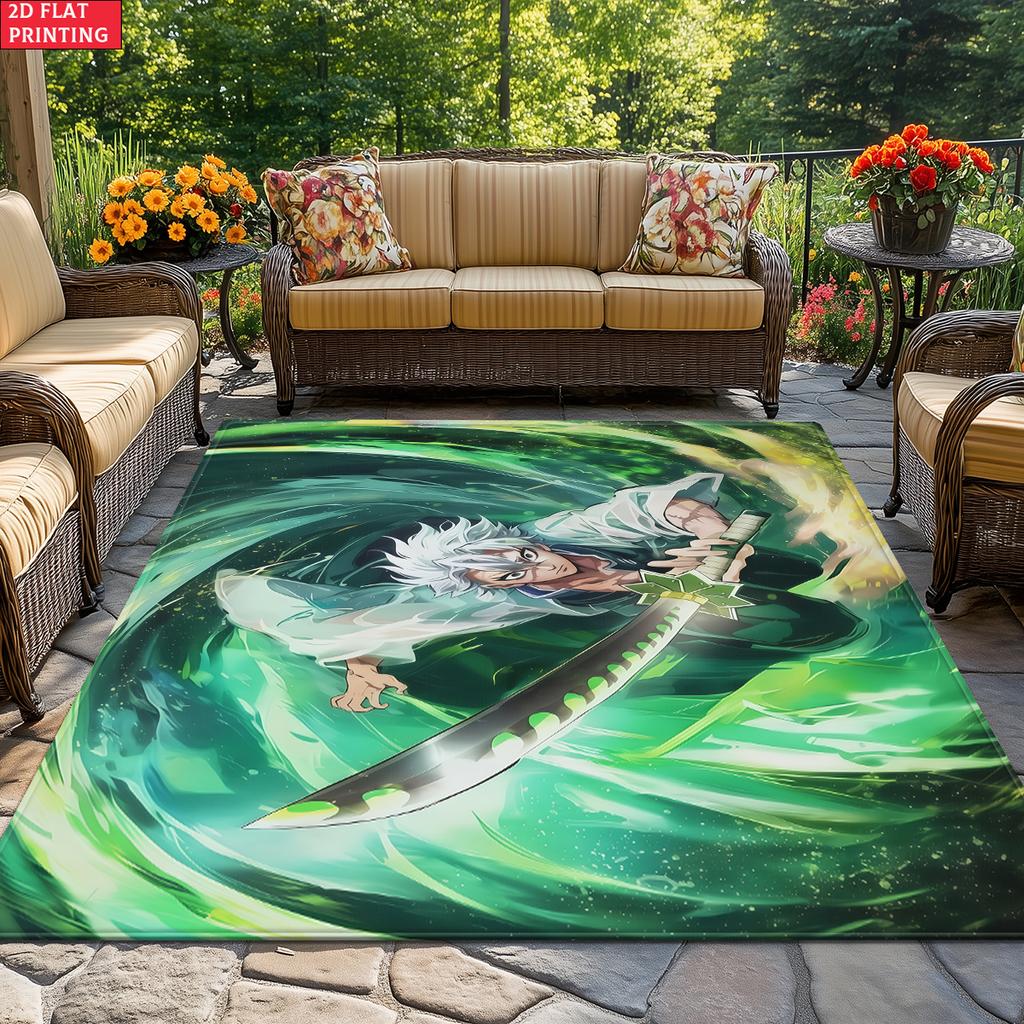 Anime Swordsman Area Rug, Green Wind Theme Non-slip Floor Mat,Decorative Carpet for Gaming Room Bedroom,Washable Home Decor Gift