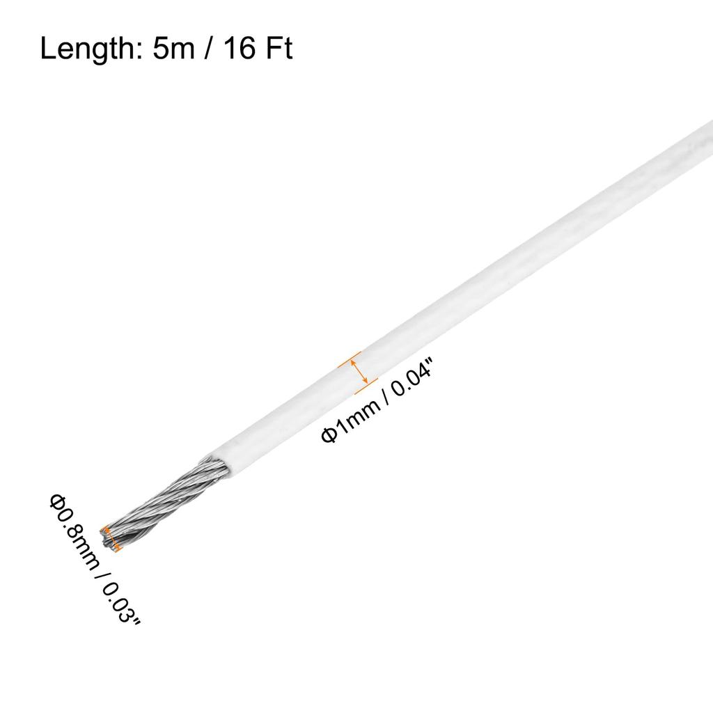 uxcell 16Ft (5M) Wire Rope 304 Stainless Steel Cable 1/24" (1mm) Vinyl Coated with