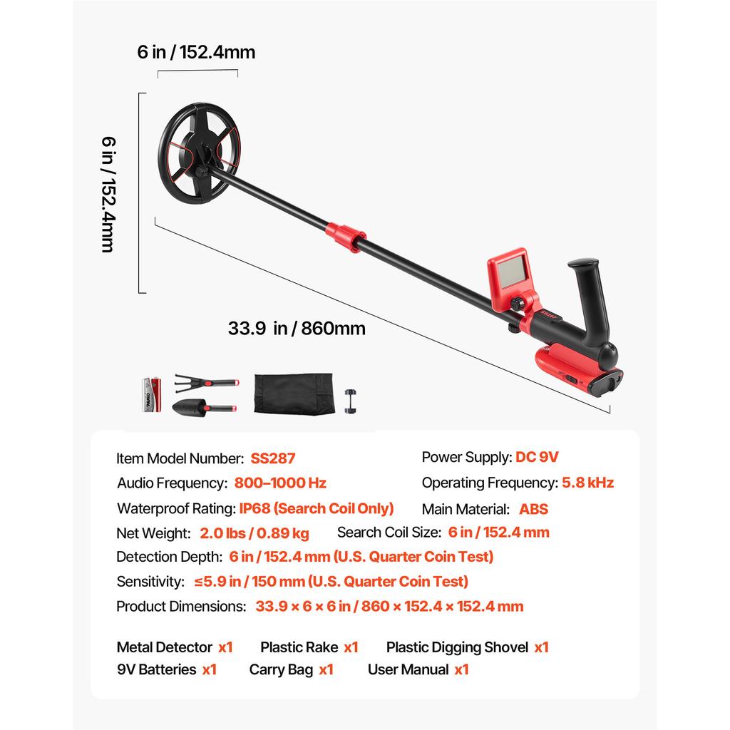 SucceBuy Metal Detector 6" Lightweight LCD Display IP68 Waterproof Search Coil Adjustable 22.8-33.8" High Accuracy For Hunting