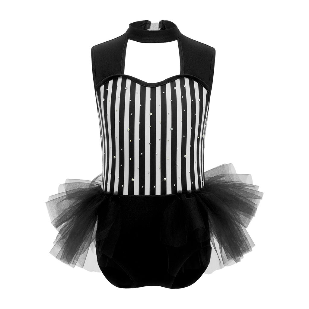 Girls Ringmaster Bodysuit Striped Jumpsuit Rhinestone Details Sleeveless Cutout Waist Mesh Ruffle Performance Costume