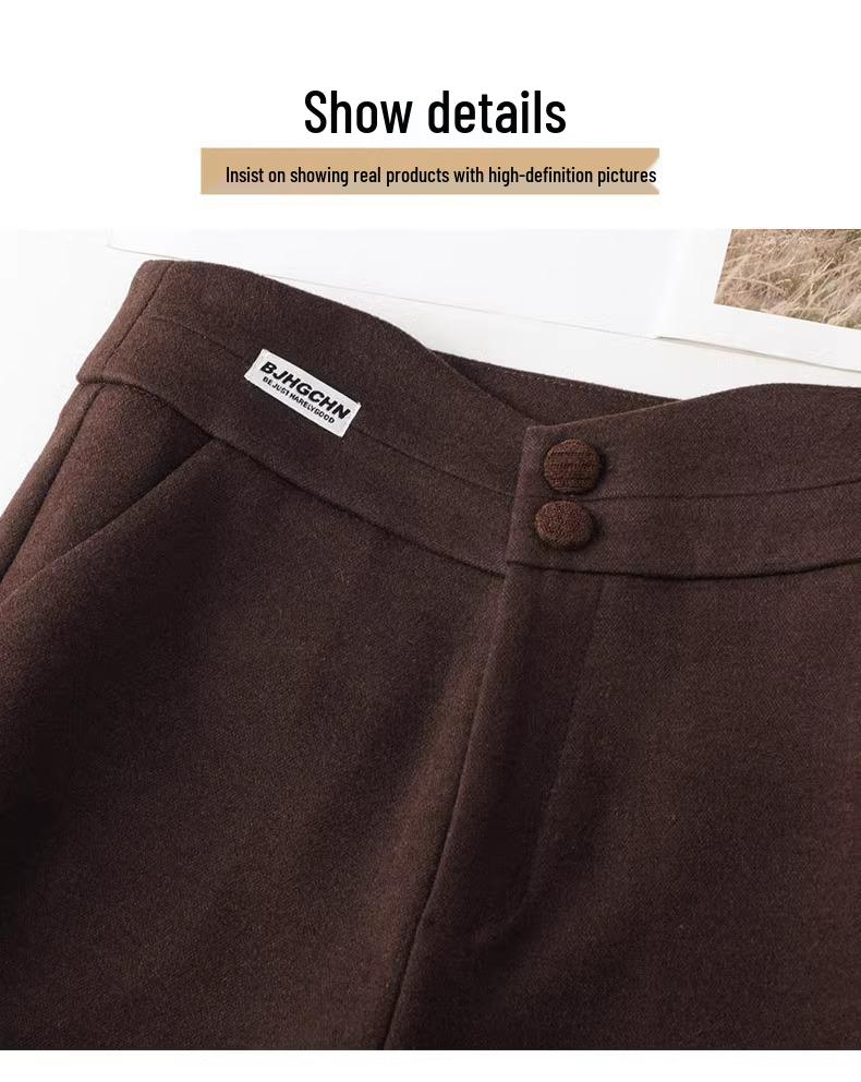 Beige Woolen Micro-Flare Pants for Women - Autumn/Winter 2024 Collection, Slimming Thick Cashmere for Petite Sizes.