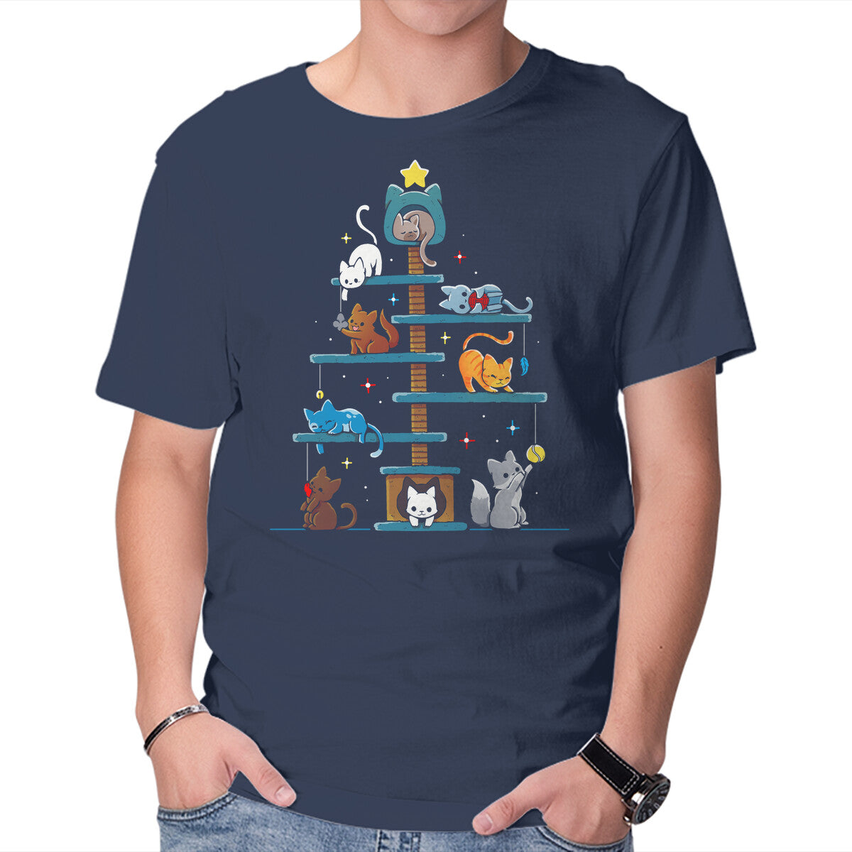 Unisex Crew Neck T-Shirt Christmas Tree House Cats Graphic Short Sleeve Casual Tee XXXXL