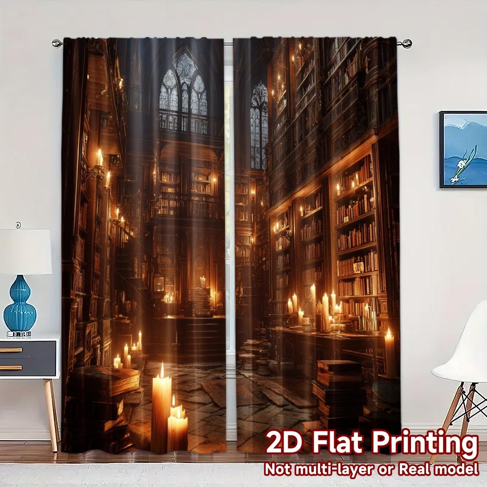 

2pcs 2D FLAT PRINTING Curtains (Without Rod) Mystic Library Creative Chic Curtains Durable Polyester Curtains Decorations 100*130 HOOK 1pcs