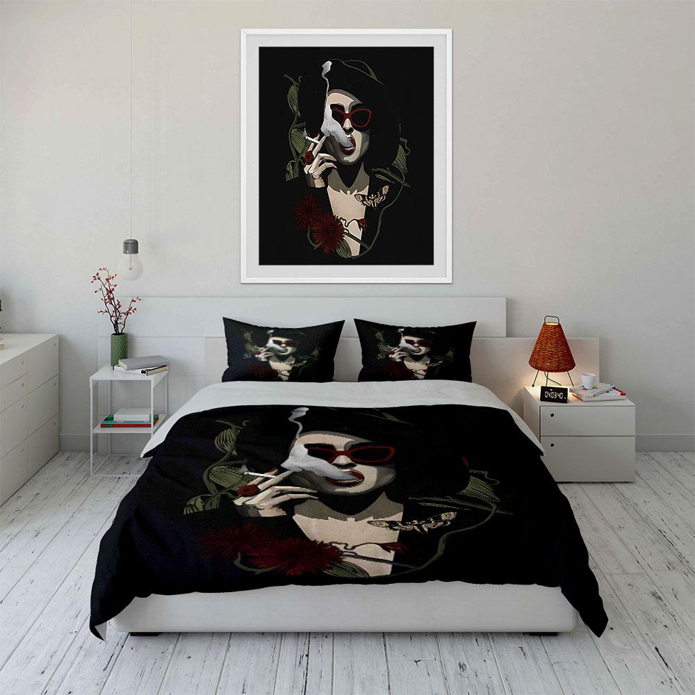 Vintage Smoking Woman Print Bedding Duvet Cover Set Duvet Cover Pillowcases (1*Duvet Cover 2*Pillowcases, without duvet insert)