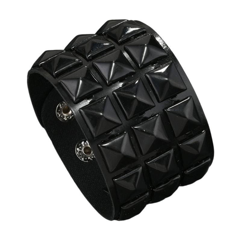 

Comfort Fit Adjustable Bracelet Three Row Square Studs Punk Design Soft Leather for Stylish Daily Fashion