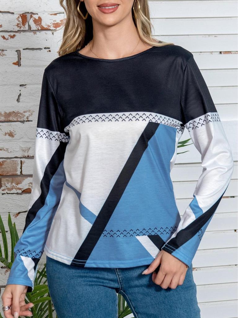 TEMU 2024 Spring/Summer Women's Geometric Print Long-Sleeve Casual Top