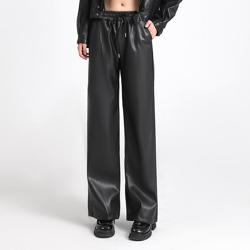 Black Leather Pants for Women, Spring and Autumn New Style, High-End Matte Fleece-Lined PU Leather, High-Waisted, Windproof, Draped Wide-Leg Pants