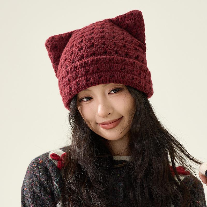 

Милые вязаные шапки с кошачьими ушками Осень и Зима Теплые Защищающие уши Женские шапки One Size бордовый