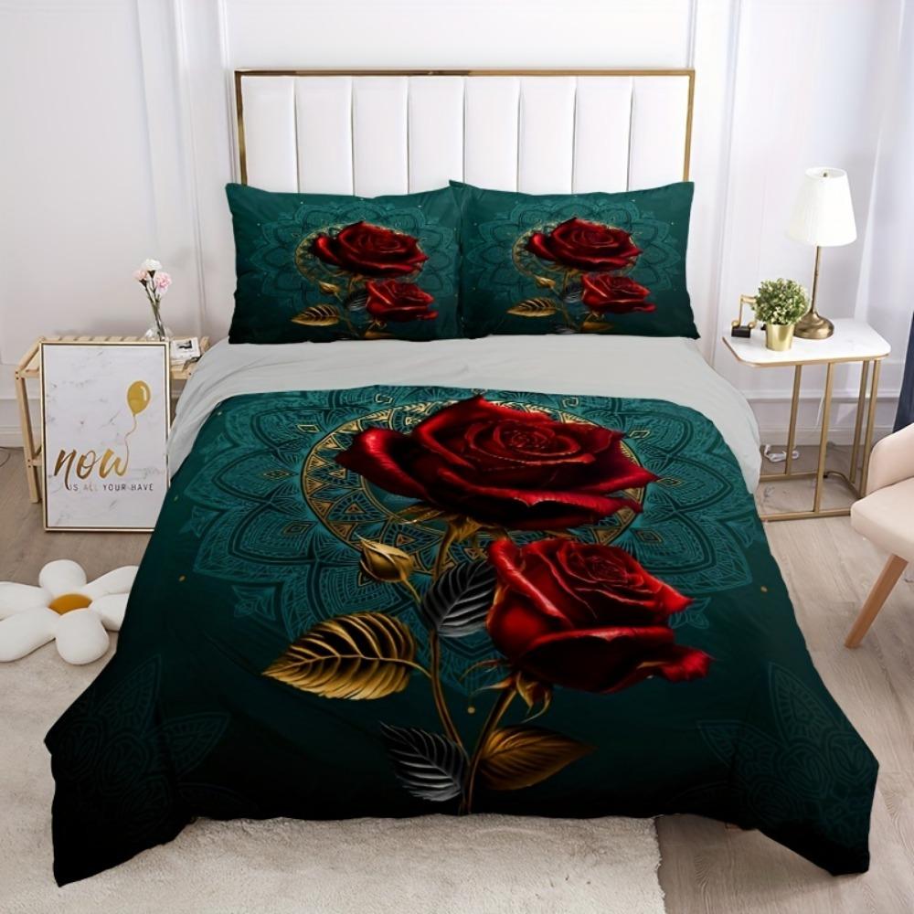 3pcs Bedding Set Red Rose Bohemia Flora Print Cozy Duvet Cover Set King Queen Twin Single Size Birthday Gift Adult Bedroom Decor