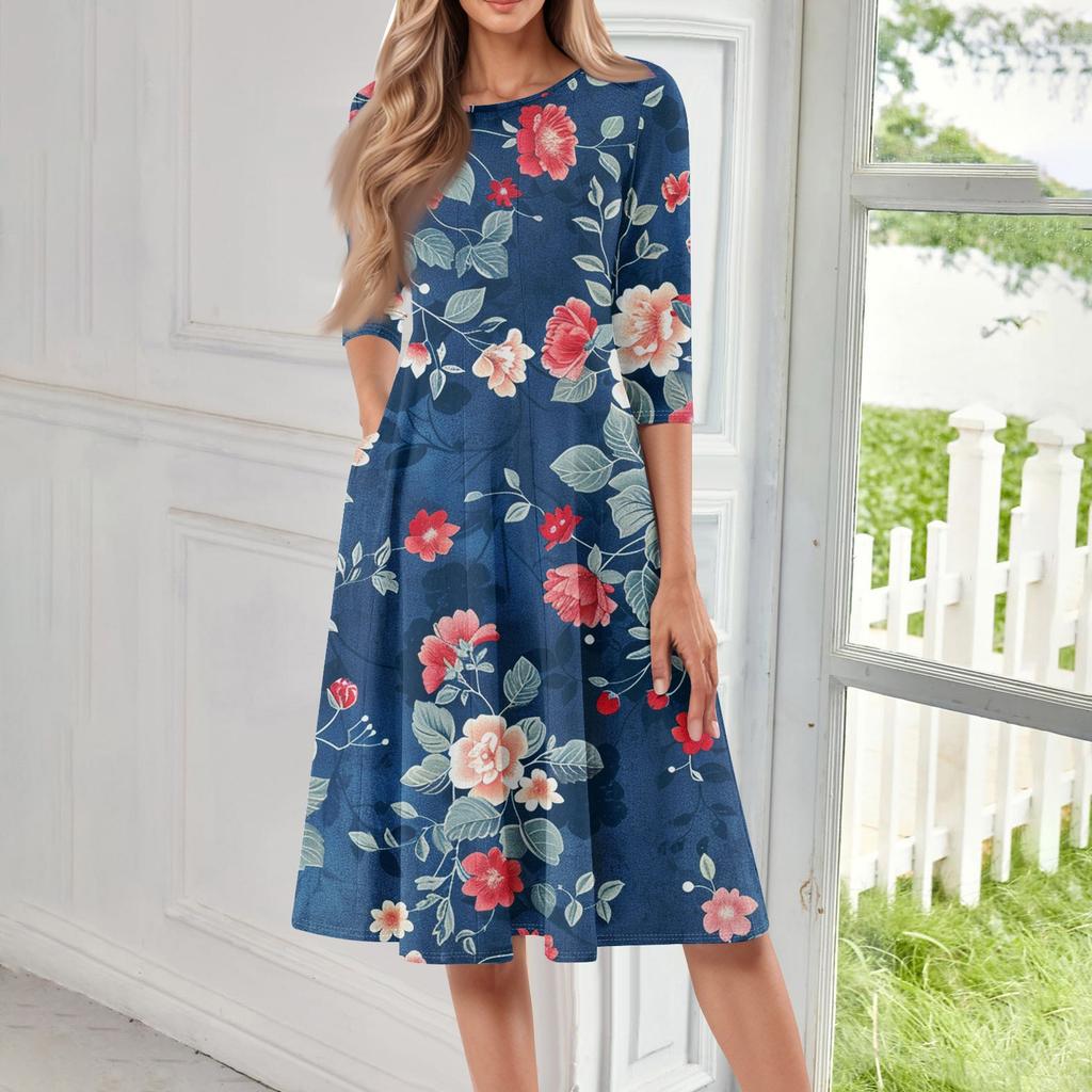 Women's Loose Casual And Fashionable Round Neck Seven Quarter Sleeved Printed Mid Length Dress