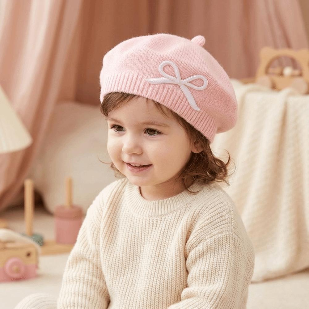 Soft Children Knitted Beret Elastic Beanie Cap Stylish Bow Embroidery Painter Hat  Gift
