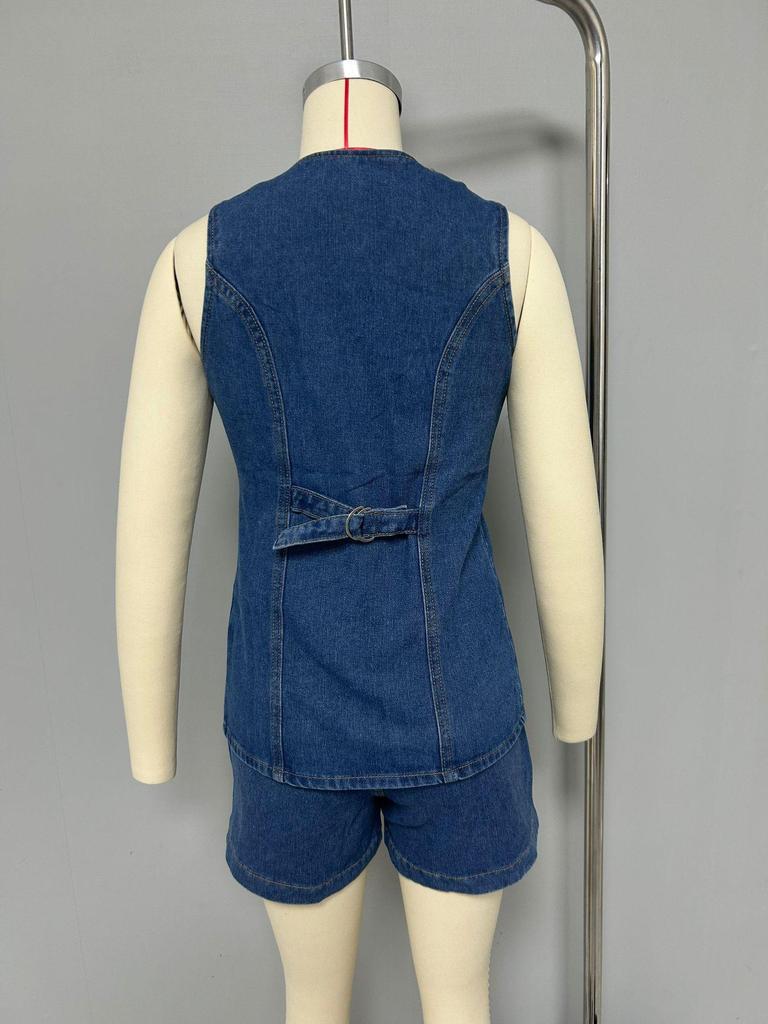 2025 Women's Fashion Sleeveless High-Waisted Denim Shorts Set