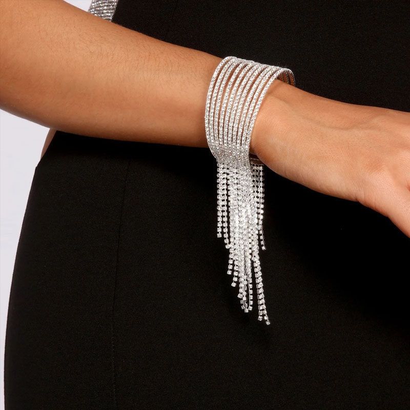 European and American Multi-Row Starry Full of Crystals Bracelet Slightly Elastic Women Stage Tassel Bracelet Evening Party Rhinestone Hand Jewelry
