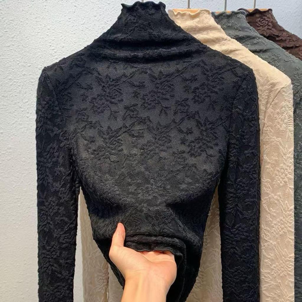 Women's High-Neck Lace Jacquard Base Layer Top - Fleece or Thin-Lined for Autumn & Winter Warmth.