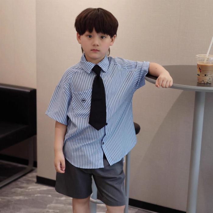Boys Summer Striped Short Sleeve Shirt Preppy Casual Dress Shirt 90