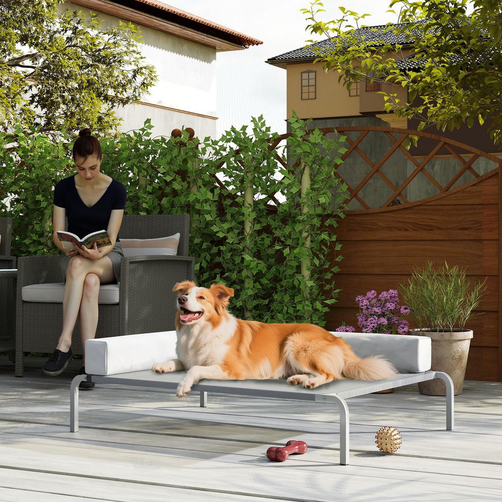 Hundebett für draußen, Erhöhtes Hundebett für mittelgroße Hunde, mit L-förmigem Kissen 110x75x30cm, Hellgrau