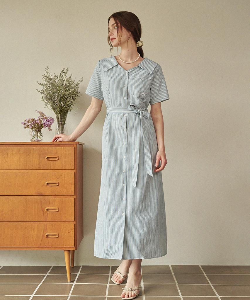 MICANE Bubly Striped Open Collar Long Dress