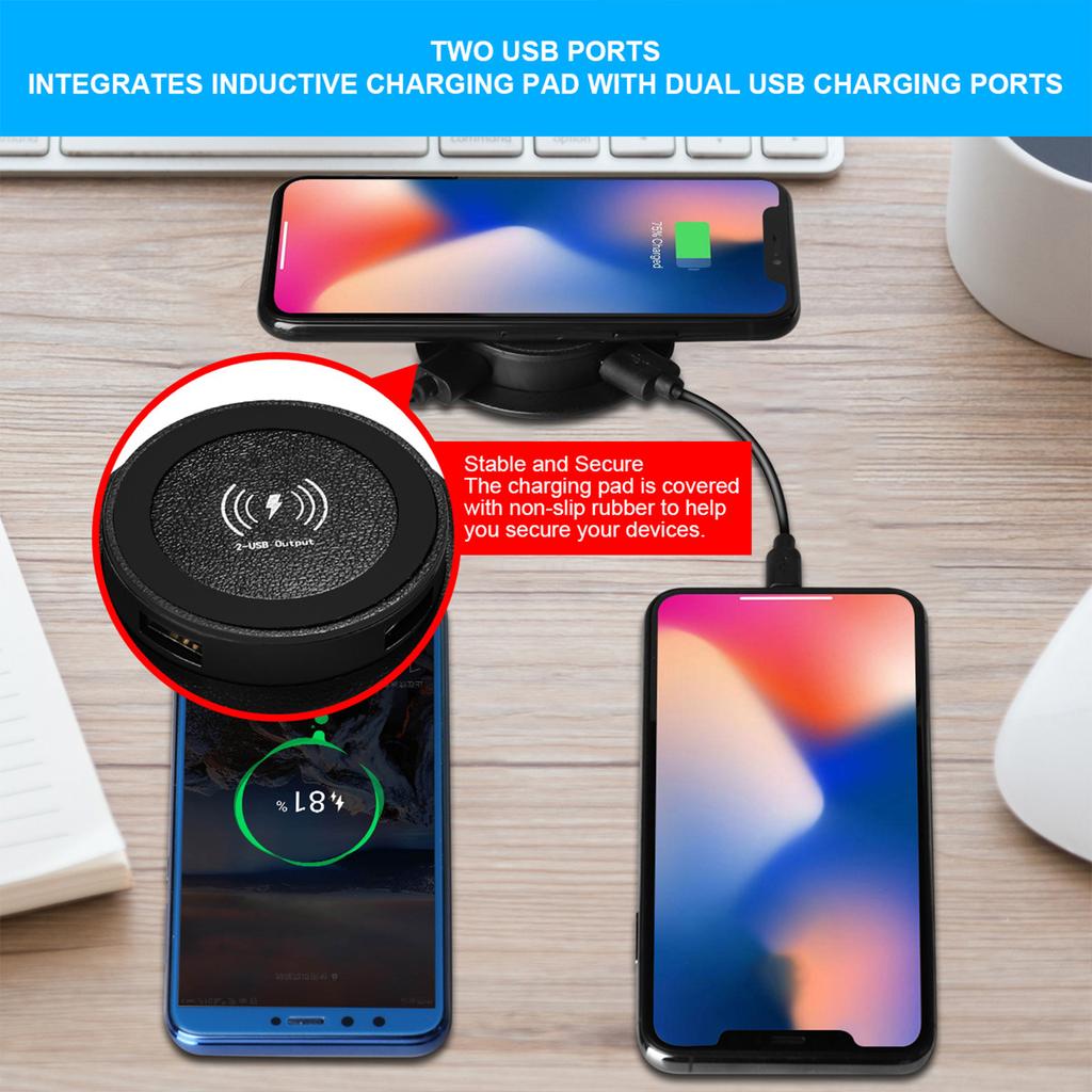 Concealed Wireless Charger, Charging Hub 3 In 1 Embedded Designs with Quick Charge Technology Double USB for Smartphones