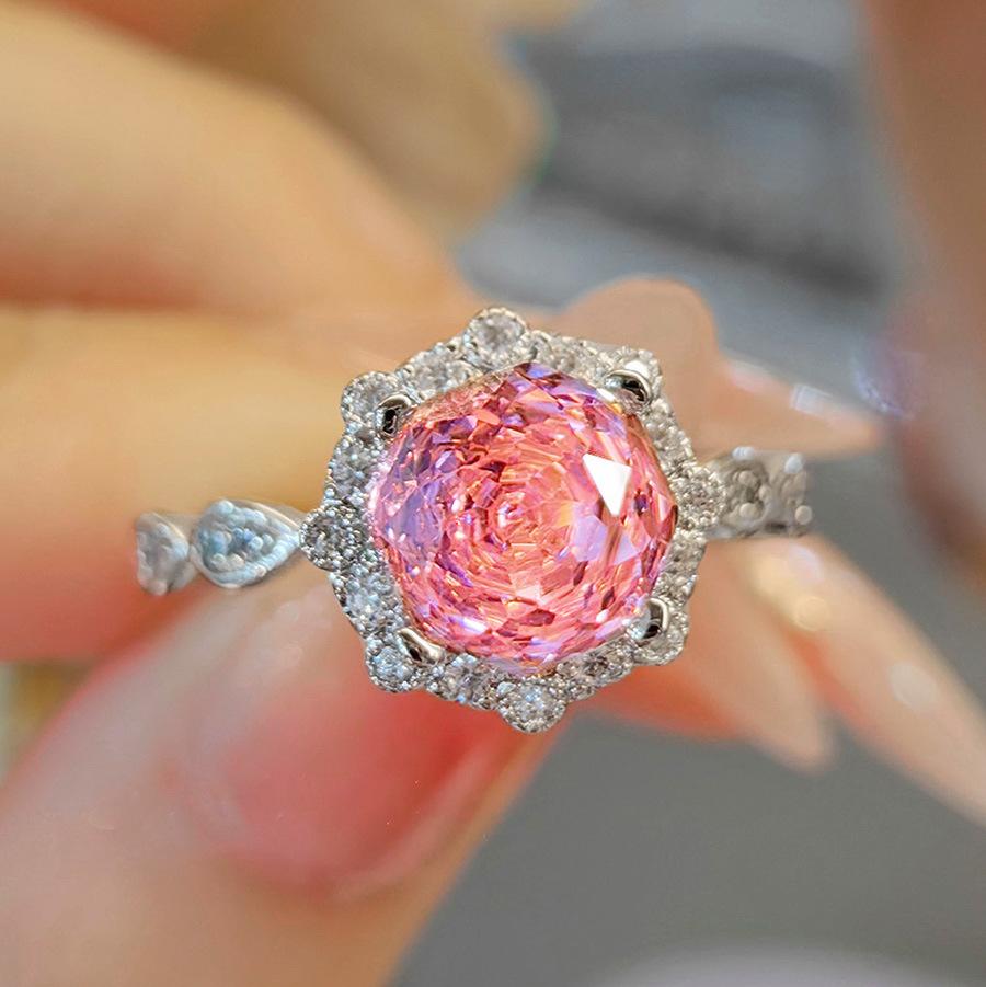 Fashion Light Luxury Star Anise Rose Pink Diamond Ring Niche Design Sense Simple High Carbon Diamond Yellow Zircon Women'S Ring