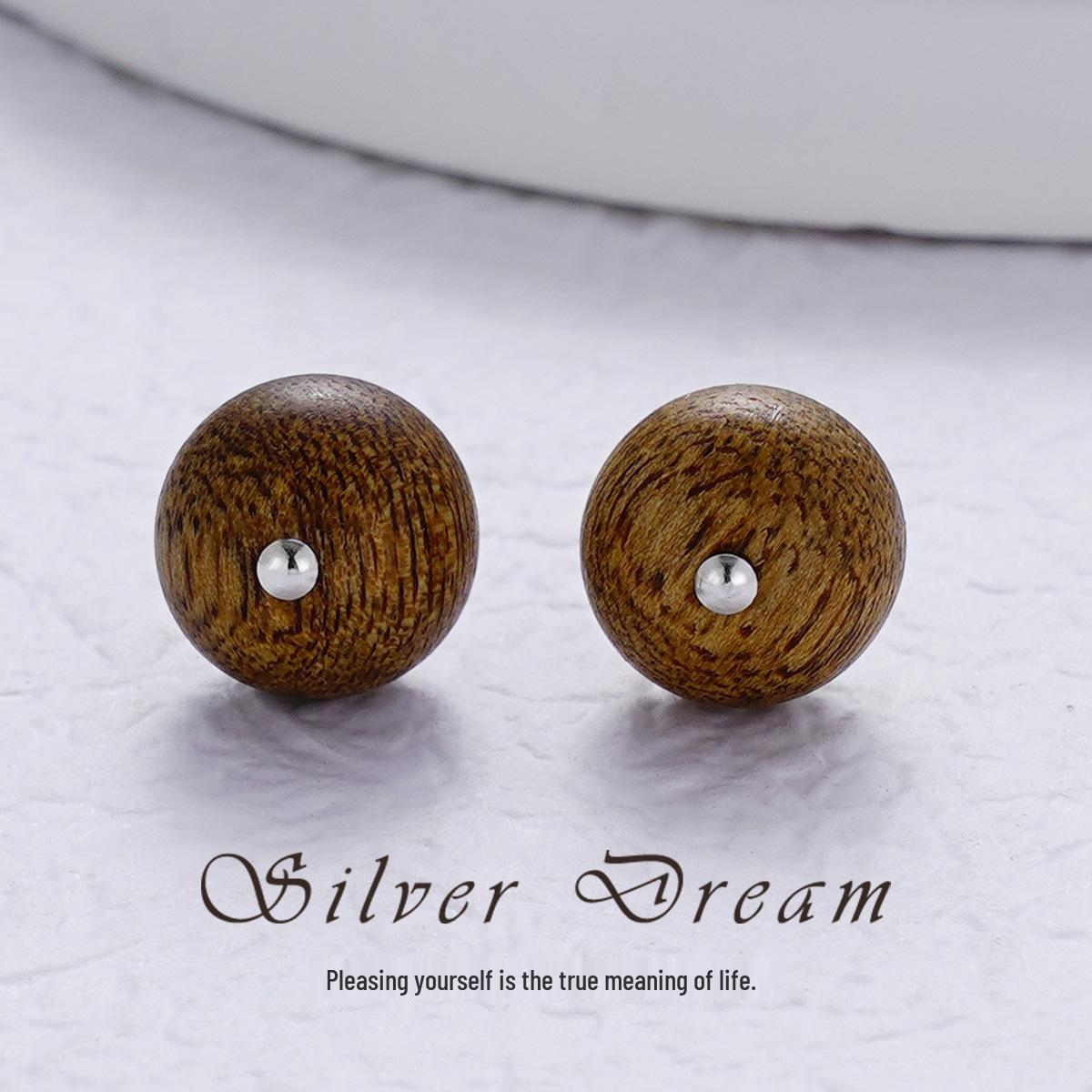 

Natural Qinan Agarwood 925 Sterling Silver Luxury Stud Earrings - Chinese Style Square & Round Designs 925 Sterling Silver